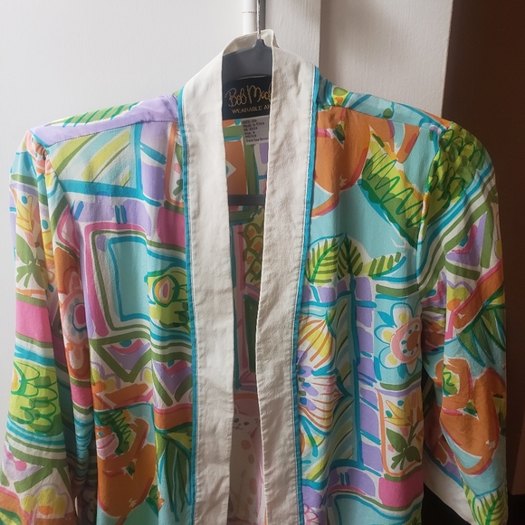 Bob Mackie Wearable Art Silk Open Front Kimono Top Cats Monkeys Fruit Fish sz S - Picture 6 of 16